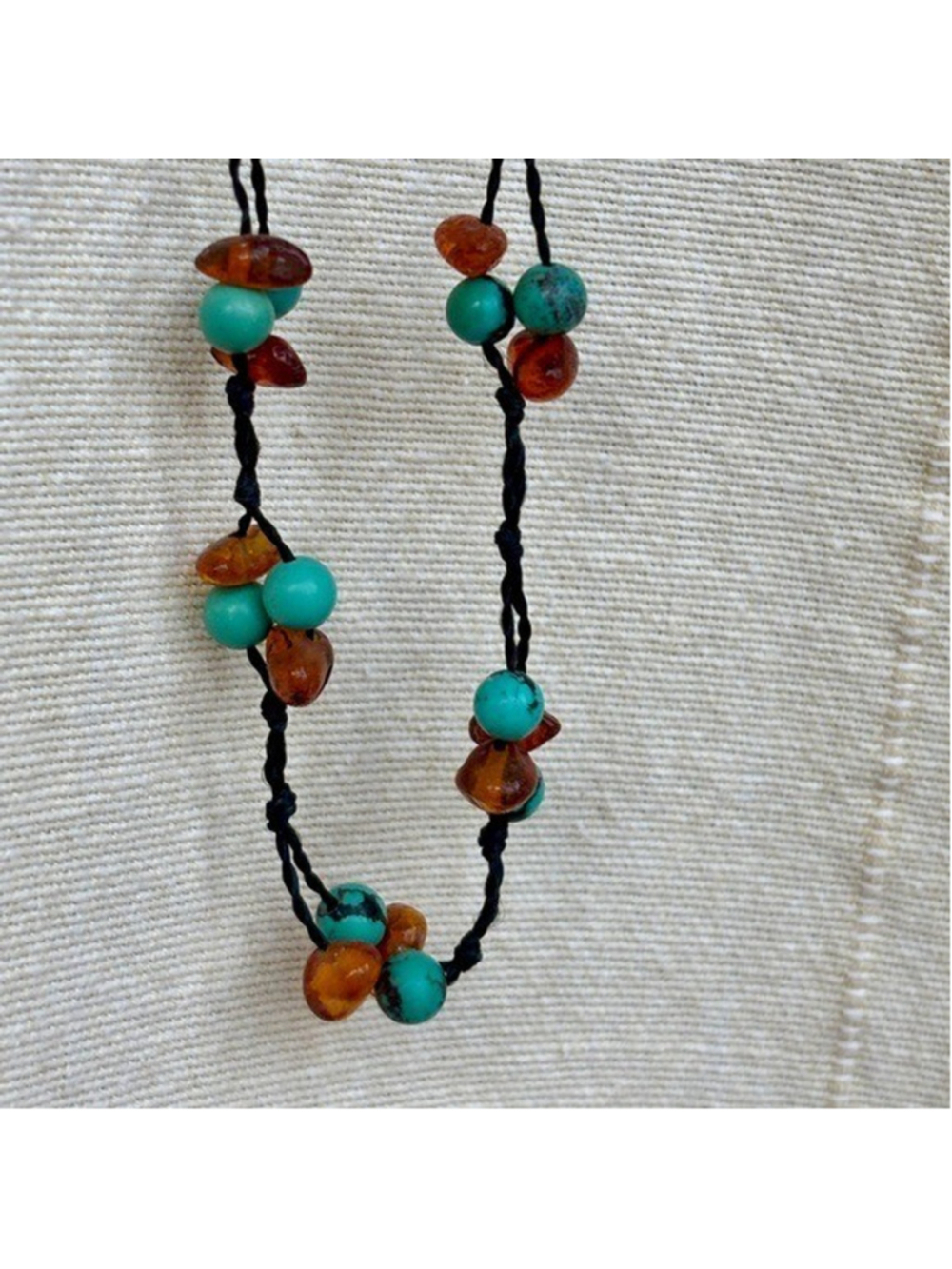 Turquoise and Amber bead Necklace on cord 5.8 g